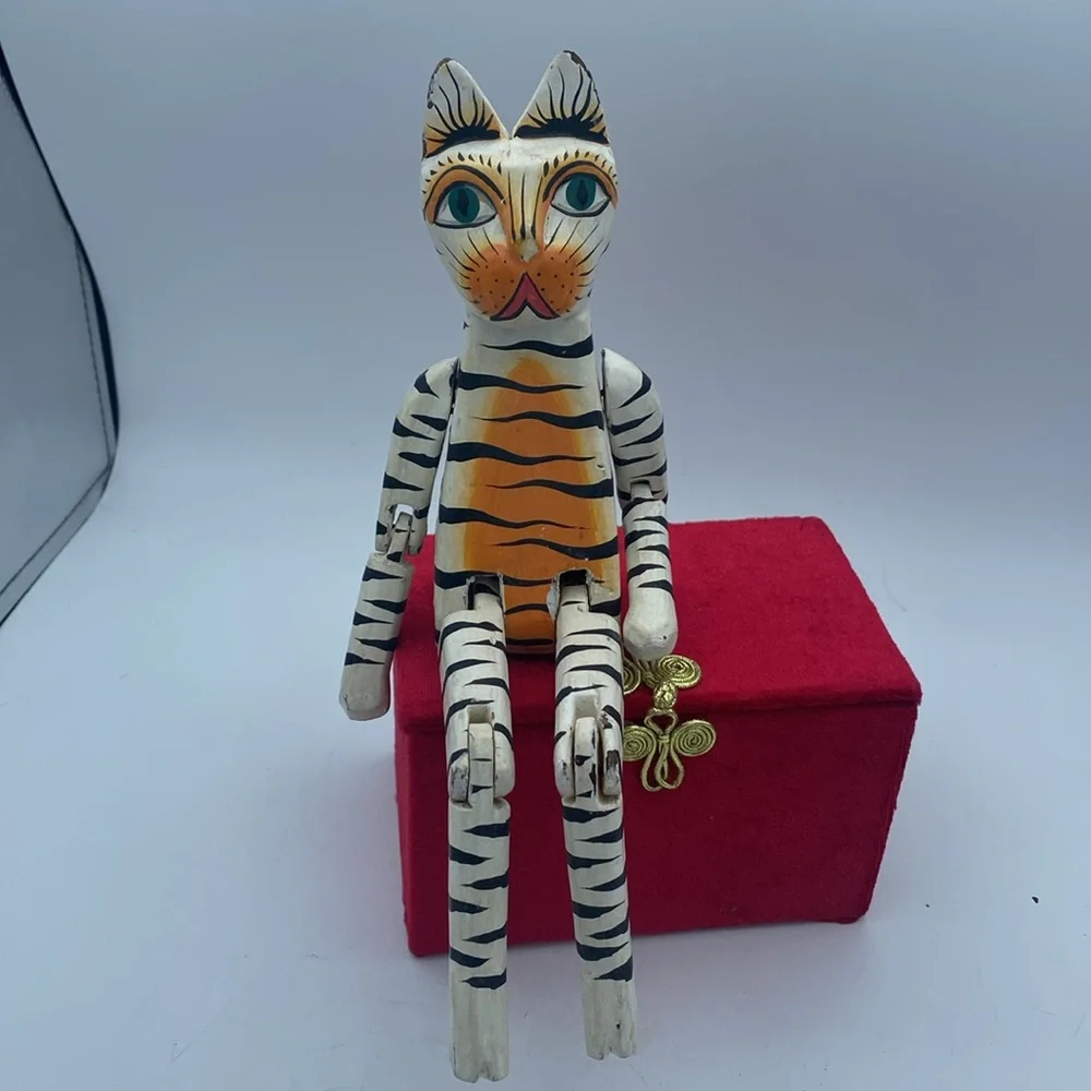 Handcrafted Wooden Cat Figurine Orange and Black Stripes shelf sitter 11” READ